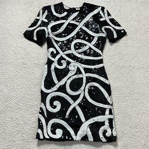 Lawrence King Vintage Black White Abstract Fully Sequined Silk Dress Size Small